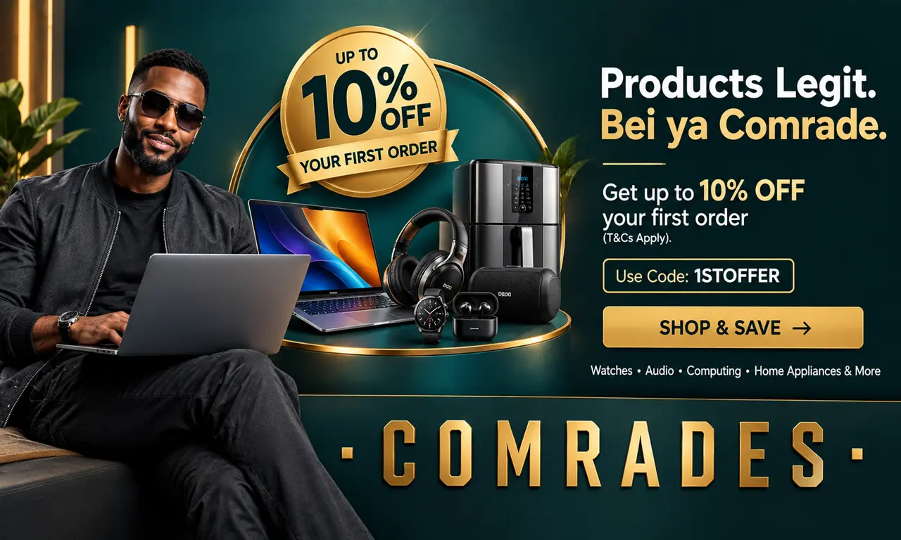 Comrades Digital Mall homepage slider banner offering UP TO 10% OFF YOUR FIRST ORDER with promo code 1STOFFER, displaying a gold badge discount, laptop, air fryer, smart watch, headphones, and Bluetooth speaker against a deep teal backdrop with headline "Products Legit. Bei ya Comrade." and a "SHOP & SAVE" call to action.