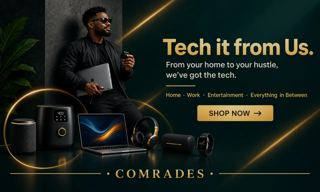 Comrades Digital Mall homepage banner featuring a stylish professional with a laptop, air fryer, smart speaker, headphones, and smartwatch against a dark teal and gold background with headline "Tech it from Us. From your home to your hustle, we've got the tech." and a gold "SHOP NOW" call to action.